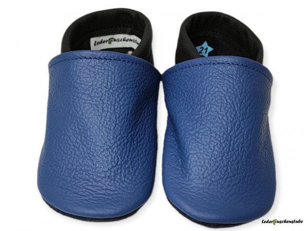Lederpuschen jeansblau-schwarz schlicht